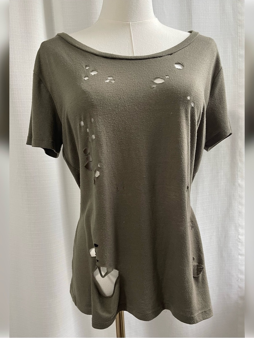 Fairy Grunge Distressed Olive Green Slouchy Scoop Neck Tee Short Sleeve Shirt L